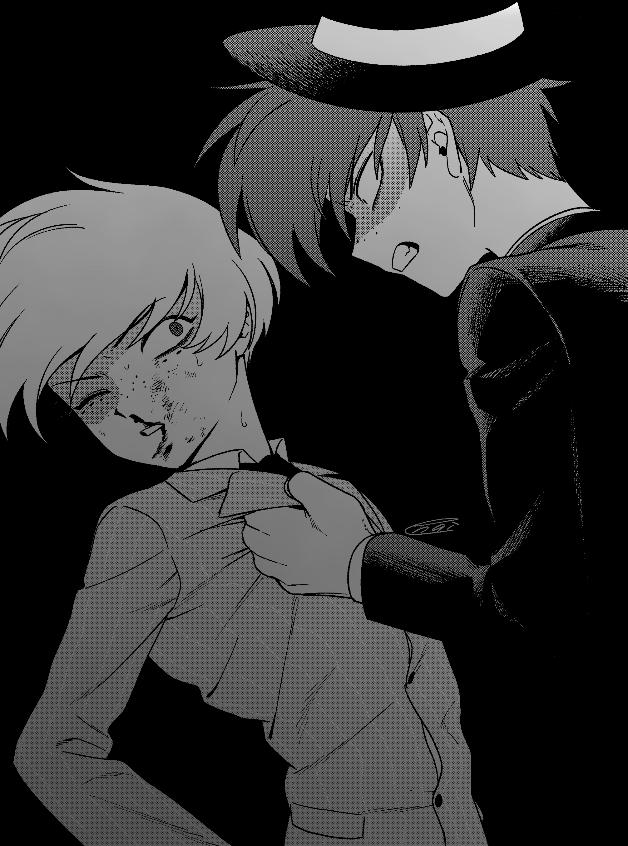 menma (enaic31), angel dust, arackniss, hazbin hotel, hellaverse, absurdres, commentary request, highres, 2boys, angry, black background, blood, brothers, buttons, clenched teeth, collared shirt, eye contact, face-to-face, fedora, freckles, from below, greyscale, halftone, hat, hatching (texture), high contrast, humanization, jacket, lapels, looking at another, male focus, monochrome, multiple boys, necktie, nosebleed, notched lapels, one eye closed, profile, pulling another's clothes, shaded face, shirt, short hair, siblings, sideways mouth, signature, simple background, sweat, teeth, upper body