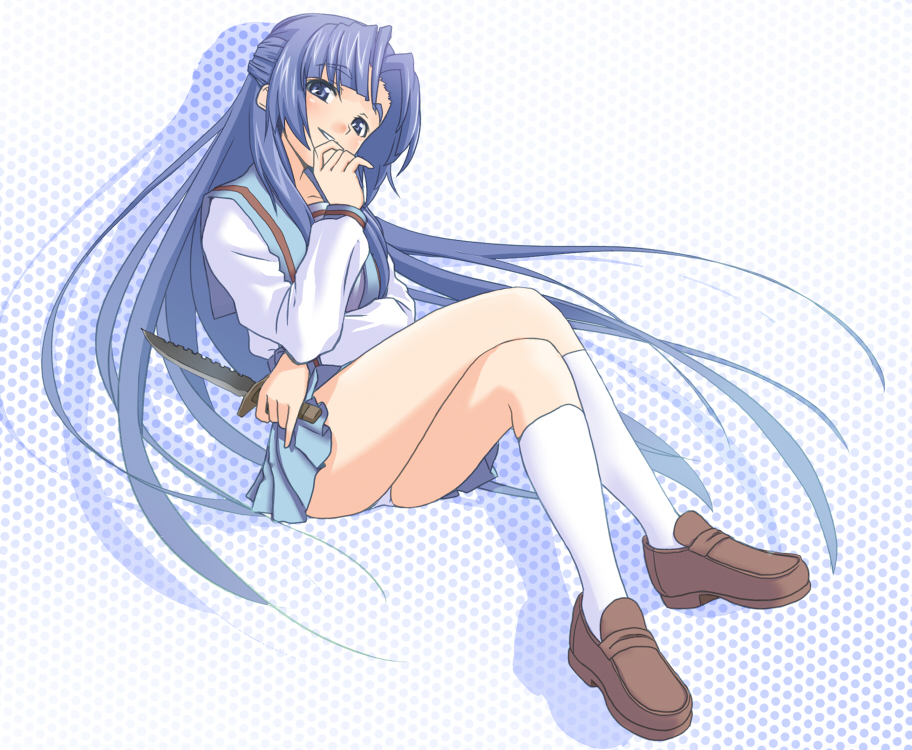 kimitoshiin, asakura ryoko, suzumiya haruhi no yuuutsu, bad id, bad pixiv id, 00s, 1girl, blue eyes, blue hair, female focus, half updo, halftone, halftone background, head tilt, kneehighs, knife, loafers, long hair, matching hair/eyes, panties, pantyshot, pinky out, school uniform, serafuku, shoes, smile, socks, solo, underwear, white socks