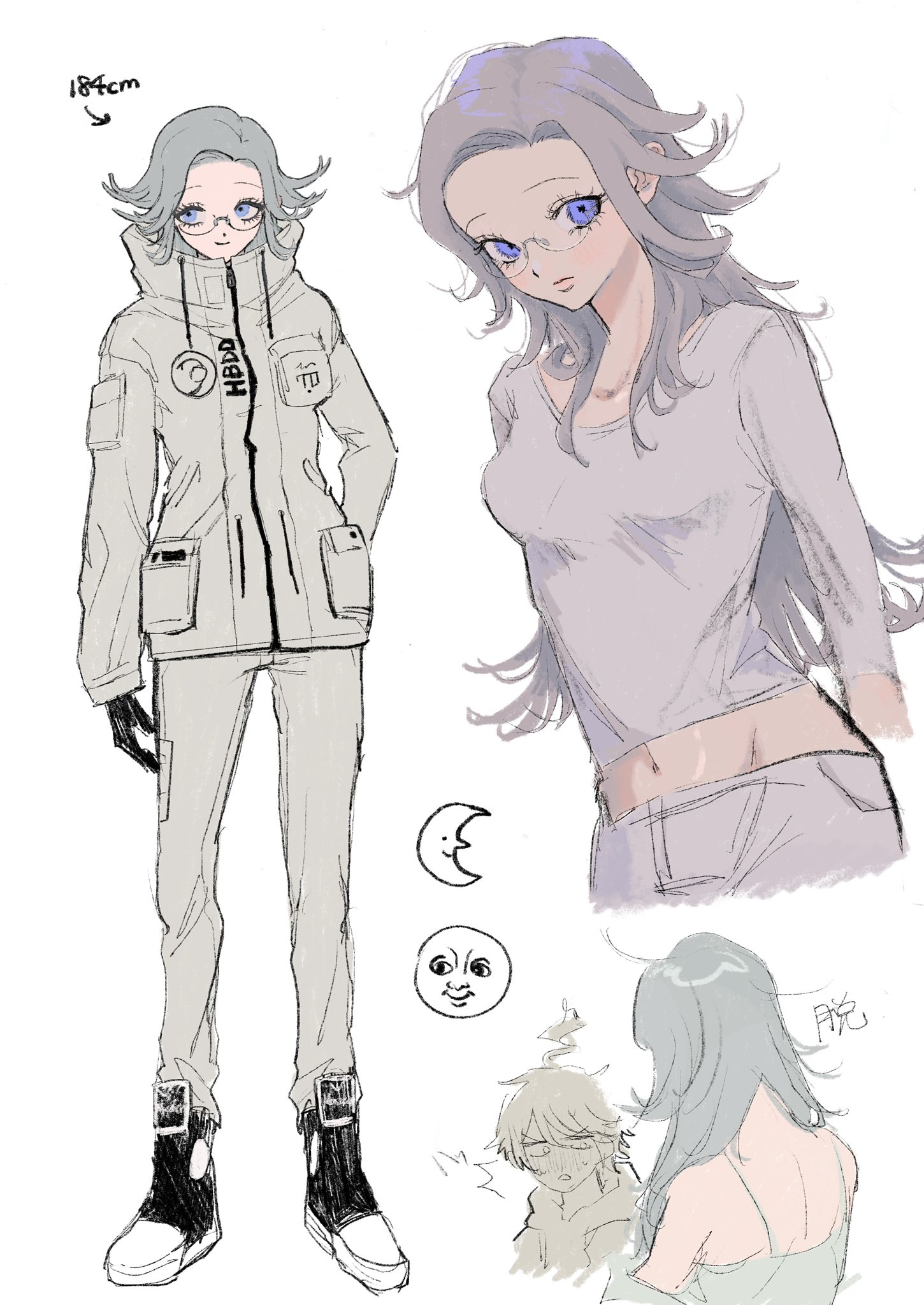 seailand, aotsuki eito, sumino takumi, the hundred line -last defense academy-, commentary request, highres, 1boy, 1girl, ahoge, black gloves, black shoes, blue eyes, blush, breast pocket, crescent moon, full-face blush, genderswap, genderswap (mtf), glasses, gloves, grey hair, height, hood, hoodie, jacket, jacket over hoodie, long hair, looking at another, looking at viewer, midriff, moon, moon with face, multiple views, navel, pants, pocket, purple eyes, shirt, shoes, short hair, simple background, white background, white jacket, white pants, white shirt