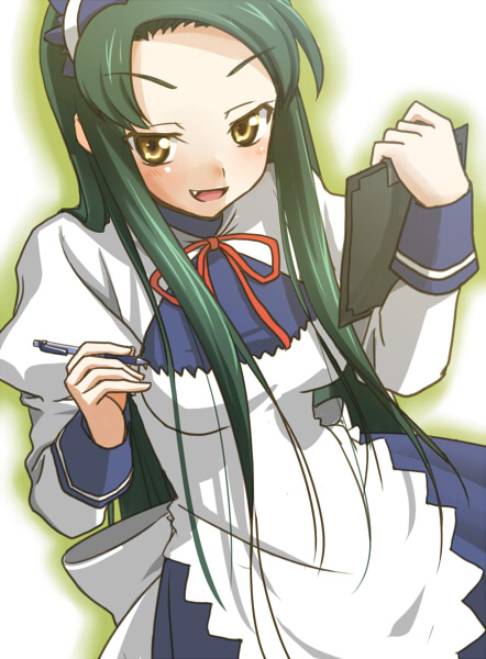 kimitoshiin, tsuruya, suzumiya haruhi no yuuutsu, bad id, bad pixiv id, 00s, 1girl, blush, breasts, fang, female focus, green hair, long hair, maid, mechanical pencil, naughty face, pencil, solo, very long hair
