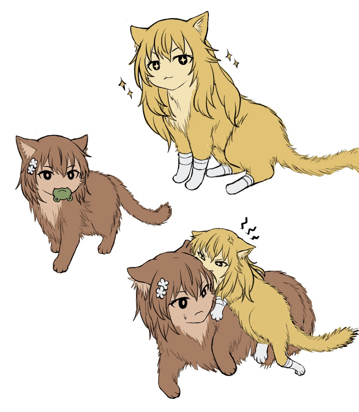 yakult1124, gekota, misaka mikoto, shokuhou misaki, toaru majutsu no index, highres, age difference, aged down, animal focus, animalization, biting another's hair, bright pupils, brown fur, gloves, looking at viewer, mouth hold, multiple views, no humans, size difference, smug, sparkling eyes, star-shaped pupils, star (symbol), symbol-shaped pupils, time paradox, white background, white gloves, yellow fur