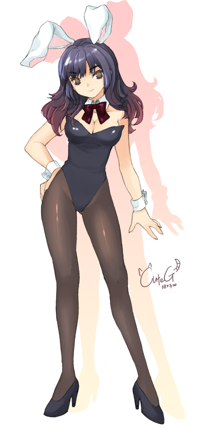 cuteg, bad id, bad pixiv id, 1girl, animal ears, blue hair, breasts, cleavage, fake animal ears, female focus, high heels, legs, leotard, medium breasts, pantyhose, playboy bunny, rabbit ears, shoes, solo, wrist cuffs