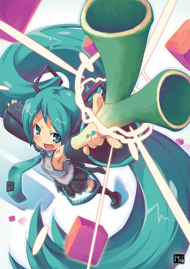 shina mama, hatsune miku, vocaloid, bad id, bad pixiv id, 1girl, aqua eyes, aqua hair, arms up, female focus, full body, long hair, nail polish, necktie, solo, spring onion, very long hair, warawara