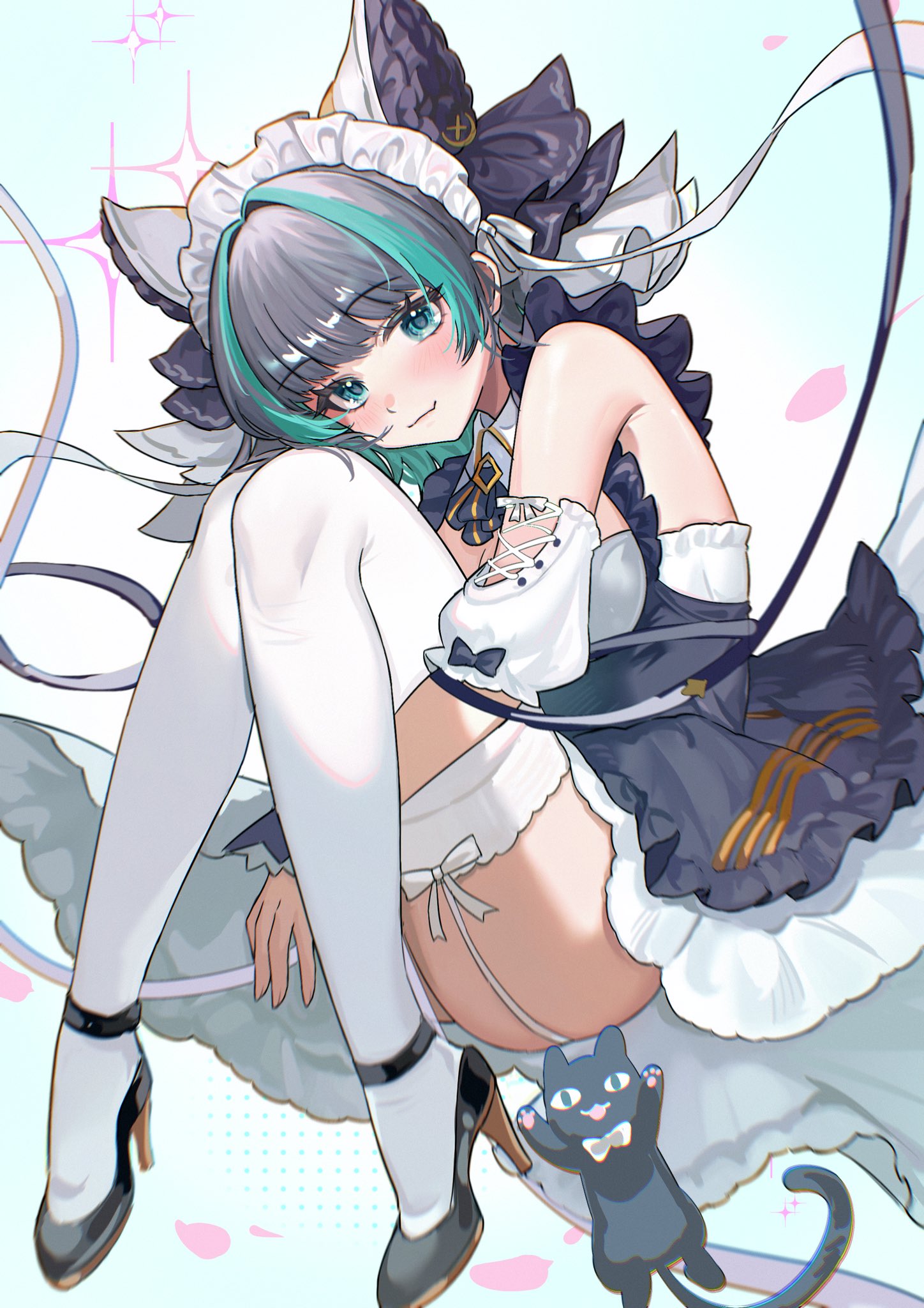 ariko (aaaaarik), cheshire (azur lane), azur lane, commentary, highres, 1girl, animal ears, apron, aqua eyes, aqua streaks, black hair, blush, breasts, cat, detached sleeves, dress, fake animal ears, frills, high heels, knees to chest, large breasts, looking at viewer, maid apron, maid headdress, multicolored hair, short hair, smile, solo, streaked hair, thighhighs, white thighhighs