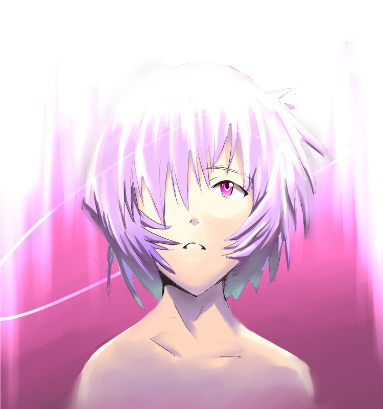 kasai shin, ayanami rei, neon genesis evangelion, bad id, bad pixiv id, 1girl, blue hair, completely nude, female focus, hair over one eye, nude, pale skin, red eyes, short hair, solo