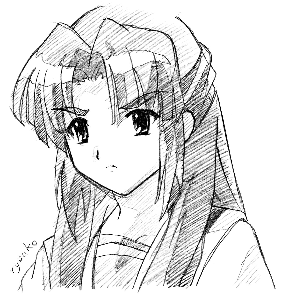 r-yeah, asakura ryoko, suzumiya haruhi no yuuutsu, highres, 00s, 1girl, female focus, greyscale, half updo, monochrome, sketch, solo