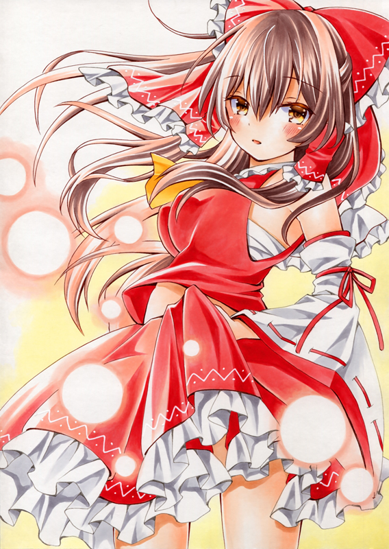 suzune koto (avuu3784), hakurei reimu, touhou, commentary, marker (medium), traditional media, 1girl, ascot, blush, bow, breasts, brown eyes, brown hair, danmaku, detached sleeves, frilled bow, frilled hair tubes, frilled skirt, frills, hair bow, hair tubes, long hair, looking at viewer, open mouth, red bow, red skirt, ribbon-trimmed sleeves, ribbon trim, skirt, skirt hold, skirt set, solo, very long hair, yellow ascot