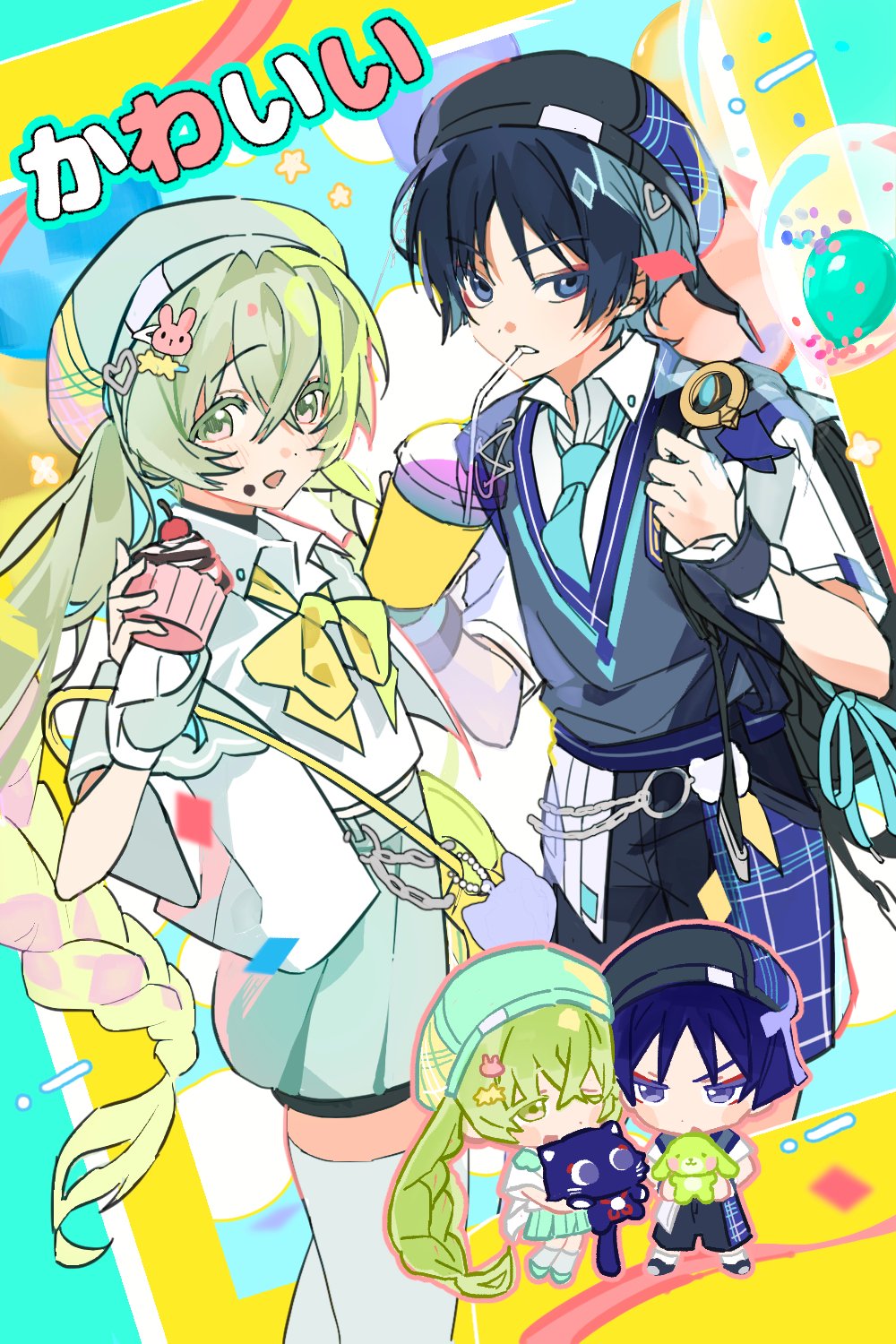 scaramouche (genshin impact), wanderer (genshin impact), genshin impact, highres, banana hunter, beret, blue eyes, blue hair, green eyes, green hair, hair between eyes, hat, kneehighs, long hair, low-braided long hair, low-tied long hair, oc x canon, pleated skirt, school uniform, shirt, short sleeves, skirt, socks, sweater vest, white shirt