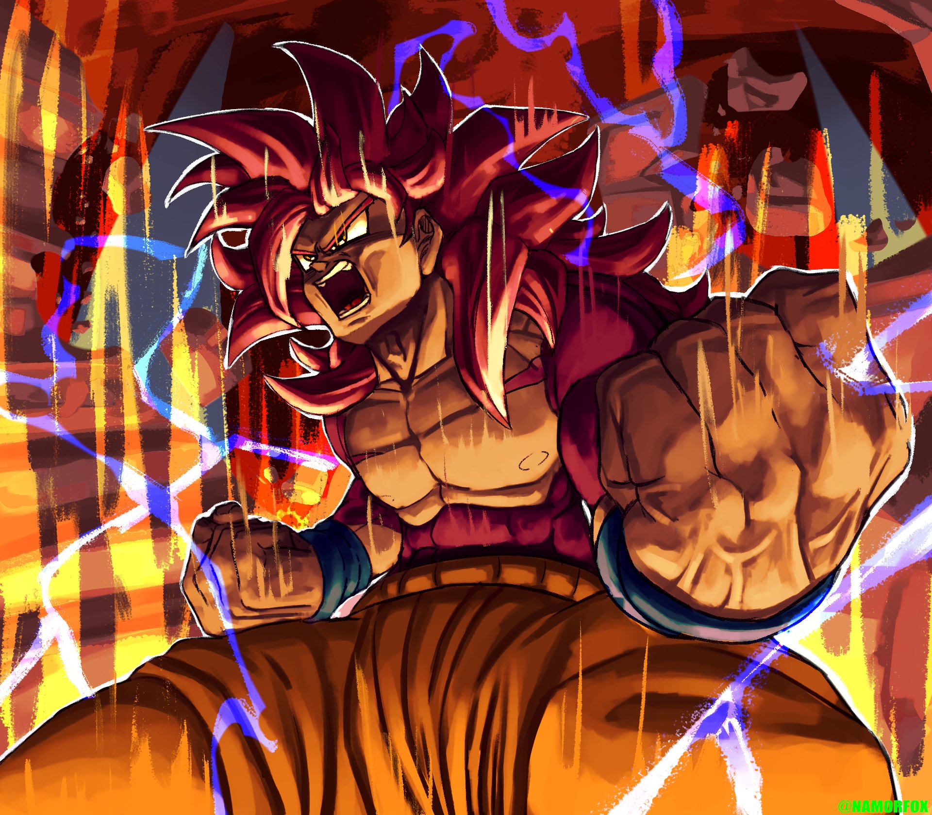 son goku, dragon ball, dragon ball daima, highres, 1boy, aura, body fur, clenched hands, cowboy shot, electricity, long hair, namorfox, orange pants, pants, red eyes, red fur, red hair, solo, spiked hair, topless male