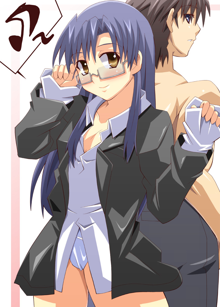 kisaragi chihaya, idolmaster, idolmaster (classic), idolmaster 1, 00s, 1boy, 1girl, back-to-back, blazer, breasts, cleavage, collarbone, glasses, jacket, long sleeves, looking at viewer, medium breasts, no pants, open clothes, open jacket, panties, red-framed eyewear, semi-rimless eyewear, solo focus, standing, under-rim eyewear, underwear, white panties