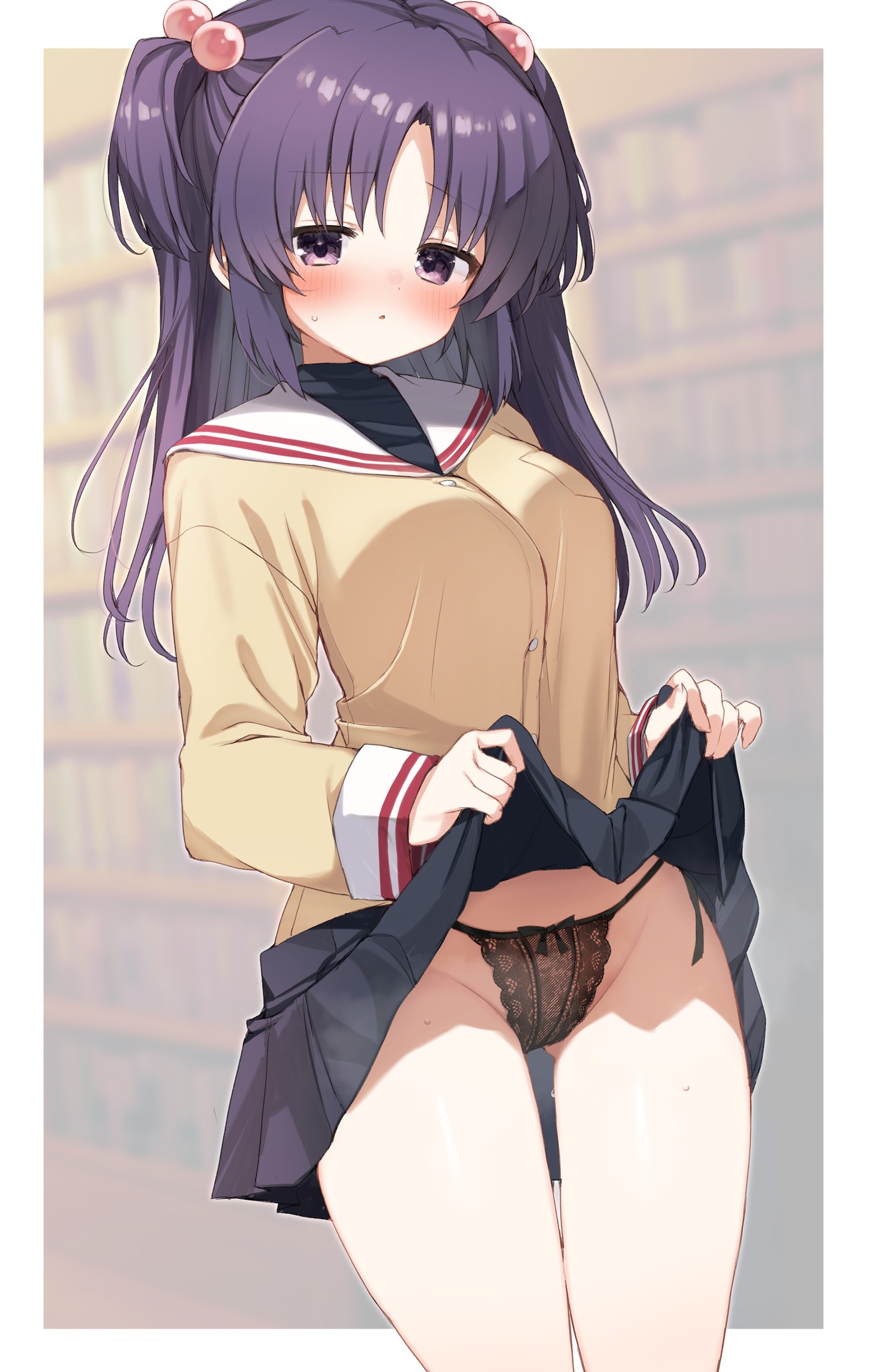takepoison, ichinose kotomi, clannad, absurdres, commentary, commission, highres, skeb commission, 1girl, black bow, black panties, black skirt, blazer, blurry, blurry background, blush, border, bow, bow panties, breasts, buttons, clothes lift, cowboy shot, furrowed brow, gluteal fold, groin, hair between eyes, hair bobbles, hair ornament, hikarizaka private high school uniform, indoors, jacket, lace, lace-trimmed panties, lace trim, large breasts, lifting own clothes, lingerie, long hair, long sleeves, looking at viewer, miniskirt, outside border, panties, parted lips, pleated skirt, purple eyes, purple hair, sailor collar, school uniform, serafuku, sidelocks, skirt, skirt lift, solo, straight hair, sweat, sweatdrop, thighs, turtleneck, two side up, underwear, white border, white sailor collar, wide sleeves, yellow jacket