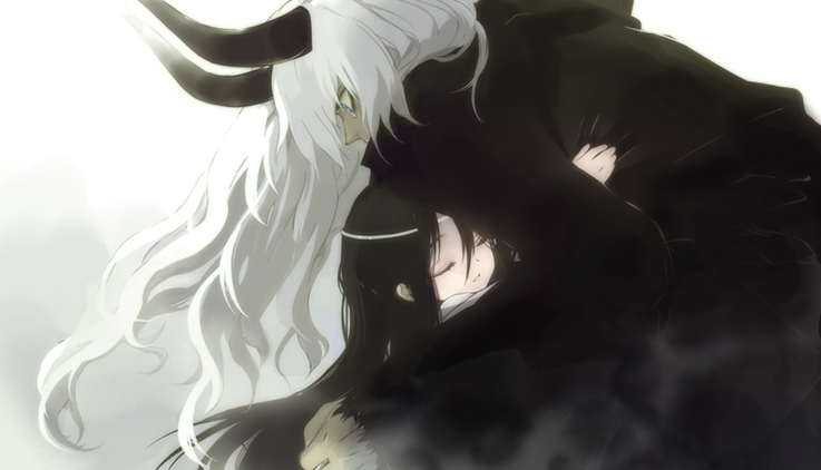 ni (2shi), original, bad id, bad pixiv id, 1boy, 1girl, black hair, closed eyes, hetero, horns, hug, long hair, tears, white hair