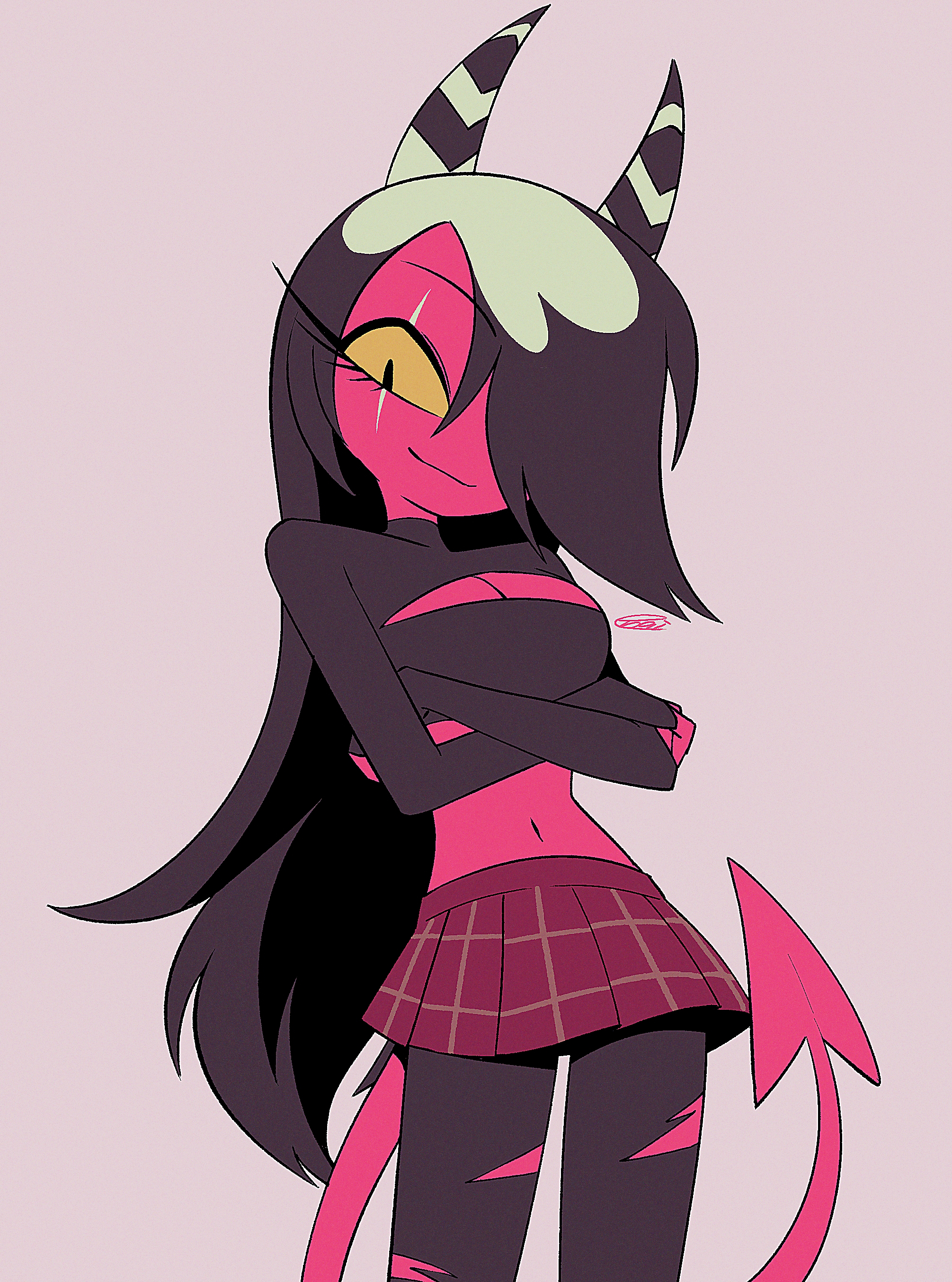 menma (enaic31), sallie may (helluva boss), hellaverse, helluva boss, absurdres, commentary request, highres, 1girl, :3, arms under breasts, black eyes, black hair, black horns, black pantyhose, black shirt, breasts, cleavage, cleavage cutout, closed mouth, clothing cutout, colored sclera, colored skin, cowboy shot, crossed arms, demon girl, demon horns, demon tail, film grain, from below, grey background, hair down, hair over one eye, horns, long hair, long sleeves, lower eyelashes only, midriff, miniskirt, multicolored hair, multicolored horns, navel, official alternate costume, official alternate hairstyle, one eye covered, pantyhose, plaid clothes, plaid skirt, pleated skirt, red skin, red skirt, red tail, roots (hair), scar, scar across eye, scar on face, shirt, signature, simple background, skirt, smile, solo, standing, striped horns, tail, torn clothes, torn pantyhose, turtleneck, turtleneck shirt, two-tone hair, two-tone horns, very long hair, white hair, white horns, yellow sclera