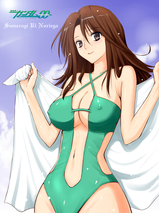 niwatori kokezou, sumeragi lee noriega, gundam, gundam 00, 00s, 1girl, breasts, brown eyes, brown hair, casual one-piece swimsuit, cleavage, covered erect nipples, female focus, large breasts, navel, one-piece swimsuit, smile, solo, swimsuit, towel, wet