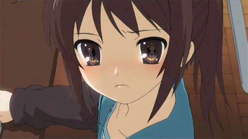 kyon, kyonko, suzumiya haruhi no yuuutsu, anime screenshot, gender request, non-web source, third-party edit, 00s, 1girl, blazer, blush, close-up, eye reflection, female focus, frown, genderswap, indoors, jacket, long sleeves, looking at viewer, reflection, sailor collar, school uniform, serafuku, solo, upper body, wooden floor