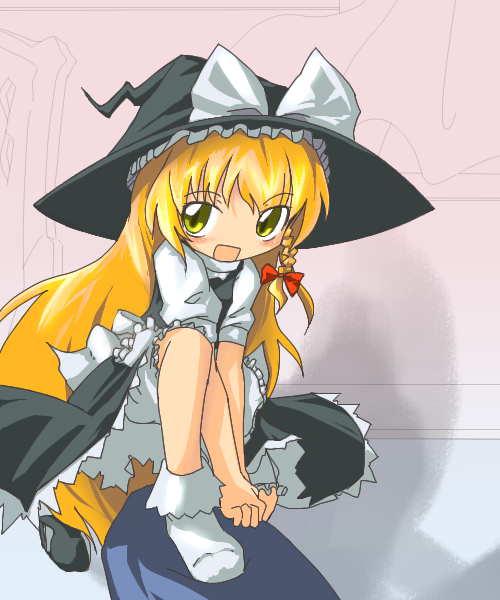 neki-t, kirisame marisa, touhou, 1girl, blonde hair, bobby socks, bow, braid, female focus, full body, hair bow, hat, hat bow, long hair, looking at viewer, puffy short sleeves, puffy sleeves, red bow, short sleeves, single braid, socks, solo, squatting, very long hair, white socks, witch hat