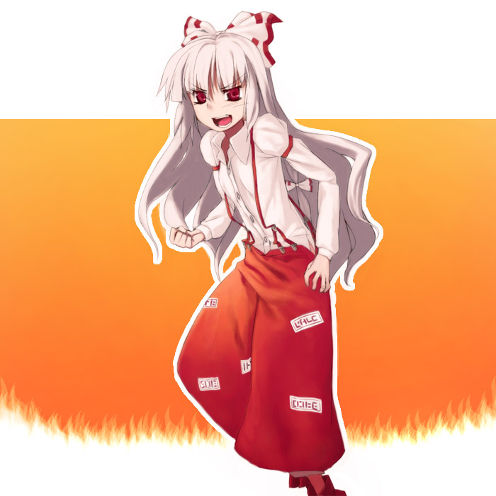 7c, fujiwara no mokou, touhou, silver hair, 1girl, bow, female focus, flat chest, hair bow, long hair, long sleeves, looking at viewer, ofuda, pants, red eyes, shirt, solo, suspenders, very long hair, white shirt