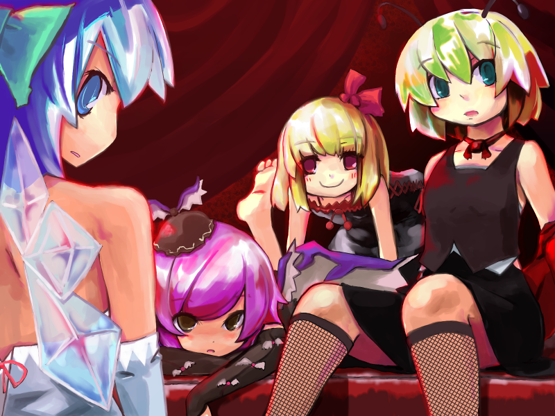 luft (luft dokka), cirno, mystia lorelei, rumia, wriggle nightbug, touhou, 4girls, antennae, barefoot, blonde hair, blue eyes, blue hair, bow, feet, female focus, formal clothes, green hair, hair bow, ice, multiple girls, purple hair, red eyes, sitting, team 9 (touhou), wings