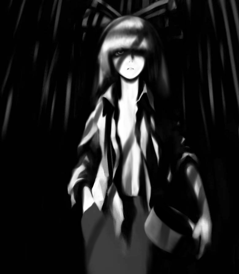 futon (kitsune tsuki), kitsune tsuki, fujiwara no mokou, touhou, 1girl, breasts, closed mouth, cowboy shot, expressionless, female focus, greyscale, looking at viewer, monochrome, no bra, open clothes, open shirt, shaded face, shirt, small breasts, solo, standing