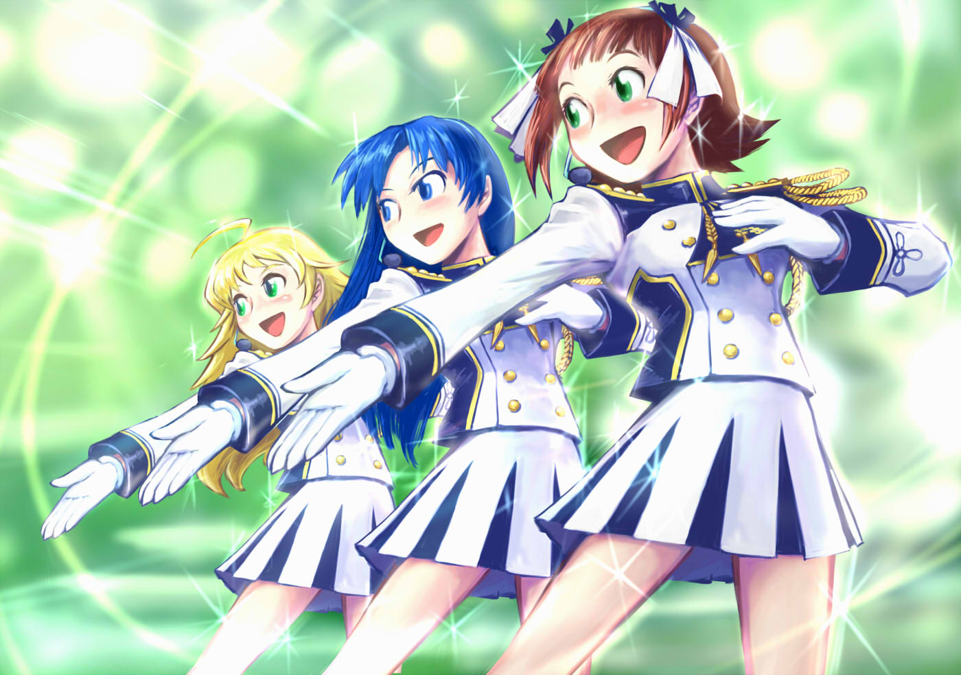 tanigawa hiroshi, amami haruka, hoshii miki, kisaragi chihaya, takatsuki yayoi, idolmaster, idolmaster (classic), 00s, 3girls, :d, band uniform, blonde hair, blue hair, blush, brown hair, dancing, gloves, green eyes, long hair, long sleeves, multiple girls, open mouth, outstretched arm, pleated skirt, skirt, smile, underwear, very long hair, white gloves, white skirt