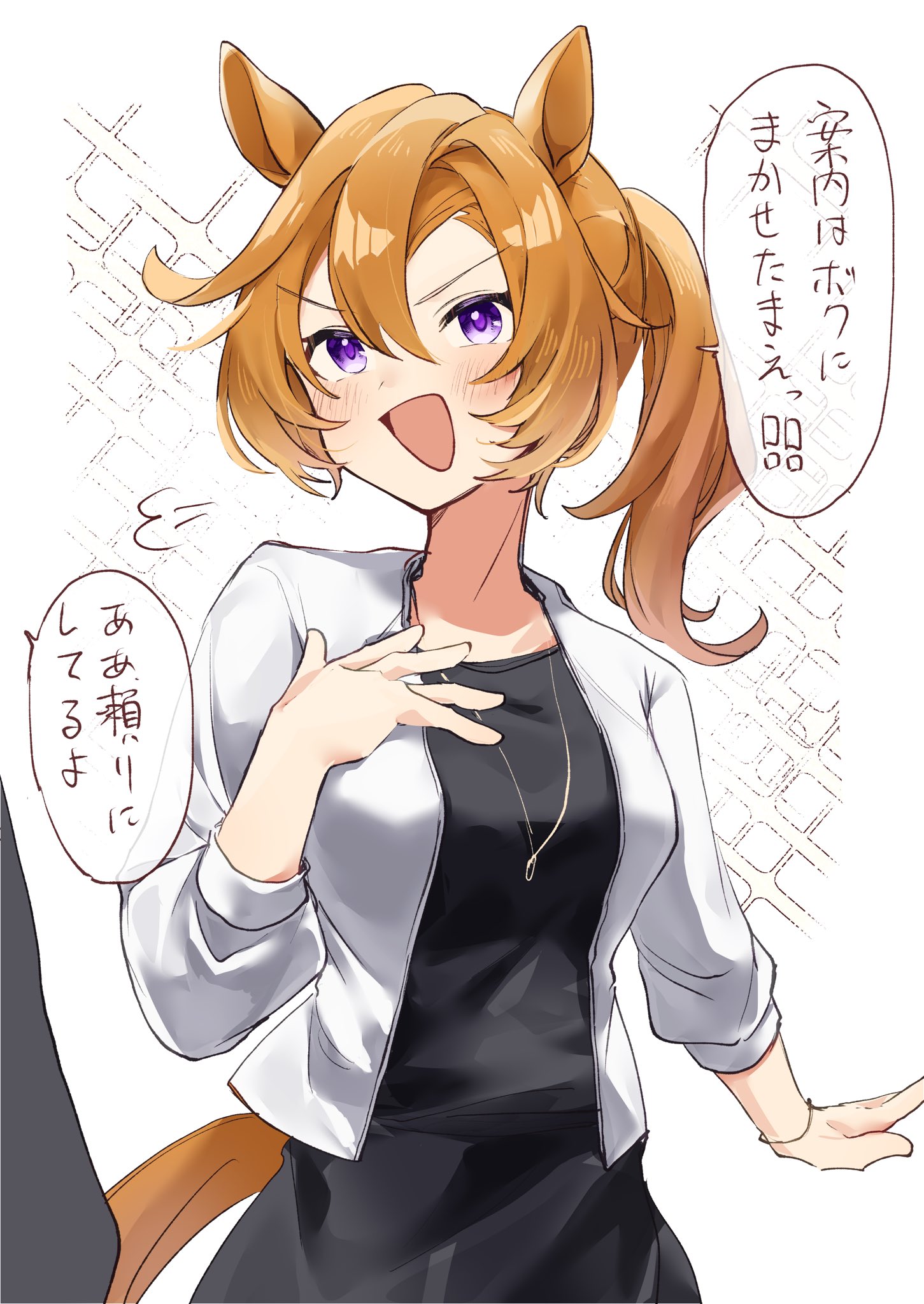 amano (amano miko), t.m. opera o (umamusume), umamusume, highres, translation request, !, !!, 1girl, 1other, alternate costume, alternate hair length, alternate hairstyle, animal ears, black dress, blazer, blush, breasts, cowboy shot, dress, hair between eyes, hand on own chest, horse ears, horse girl, horse tail, jacket, jewelry, long hair, looking at another, medium breasts, necklace, open mouth, orange hair, ponytail, purple eyes, simple background, solo focus, sparkle, speech bubble, tail, v-shaped eyebrows, white background
