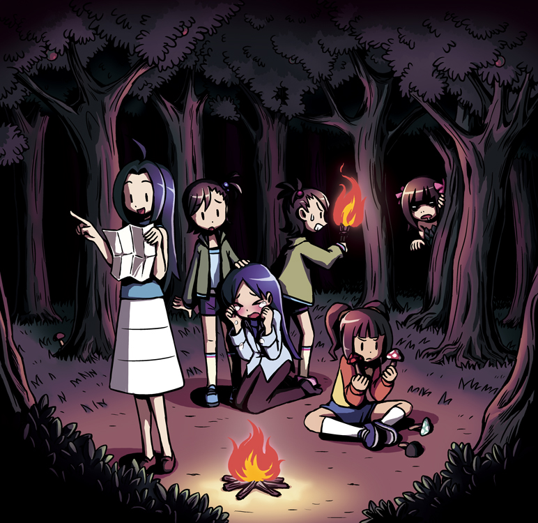 riyo (lyomsnpmp), amami haruka, futami ami, futami mami, kisaragi chihaya, miura azusa, takatsuki yayoi, idolmaster, idolmaster (classic), idolmaster 1, 00s, 6+girls, ahoge, blue hair, blush, campfire, crying, drooling, fire, forest, kneeling, lost (state), map, multiple girls, mushroom, nature, night, open mouth, pointing, scared, siblings, side ponytail, sisters, skirt, sweatdrop, torch, tree, twins, twintails