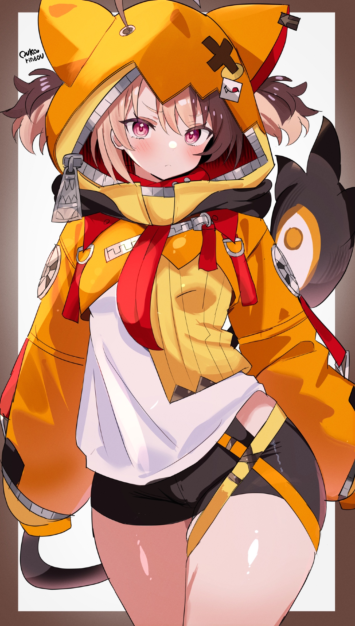 gigi murin, gigi murin (1st costume), hololive, hololive english, highres, 1girl, blush, hair between eyes, hair through hood, hood, hooded shrug, hoodie, long sleeves, looking at viewer, multicolored hair, o-rindou5100, orange hood, orange hoodie, orange shrug, pink eyes, pout, shiny skin, shrug (clothing), simple background, sleeves past fingers, sleeves past wrists, solo, thighs, two-tone hair