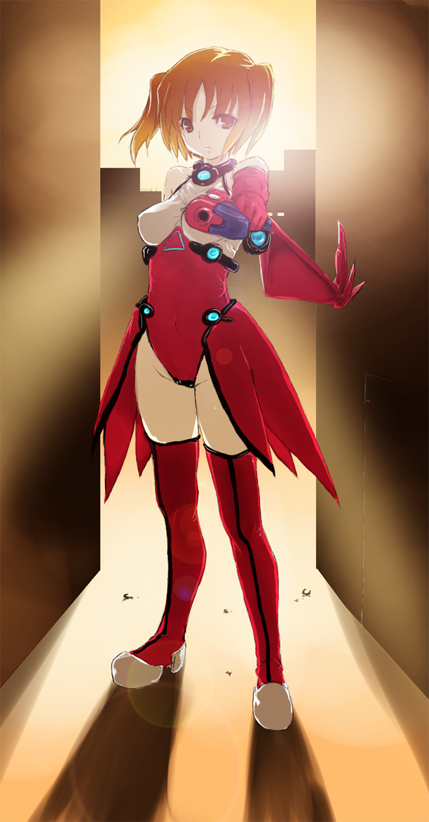 homura subaru, kirisato itsuki, rihito, latias, nintendo, pokemon, 1girl, boots, brown eyes, brown hair, cosplay, costume, elbow gloves, female focus, gen 3 pokemon, gloves, gun, legendary pokemon, legs, lens flare, leotard, personification, red leotard, red thighhighs, shadow, short hair, solo, sunset, thigh boots, thighhighs, twintails, weapon