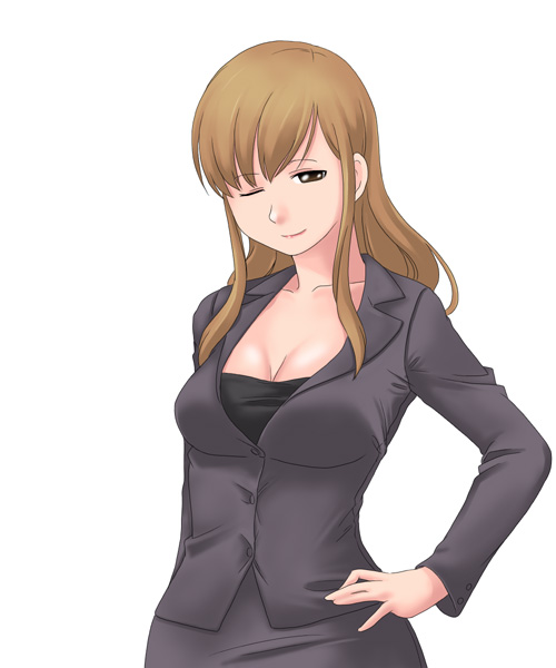 toshifumi, toudou shimako, maria-sama ga miteru, 00s, 1girl, breasts, cleavage, female focus, formal clothes, hand on own hip, jacket, large breasts, one eye closed, pencil skirt, skirt, skirt suit, smile, solo, suit