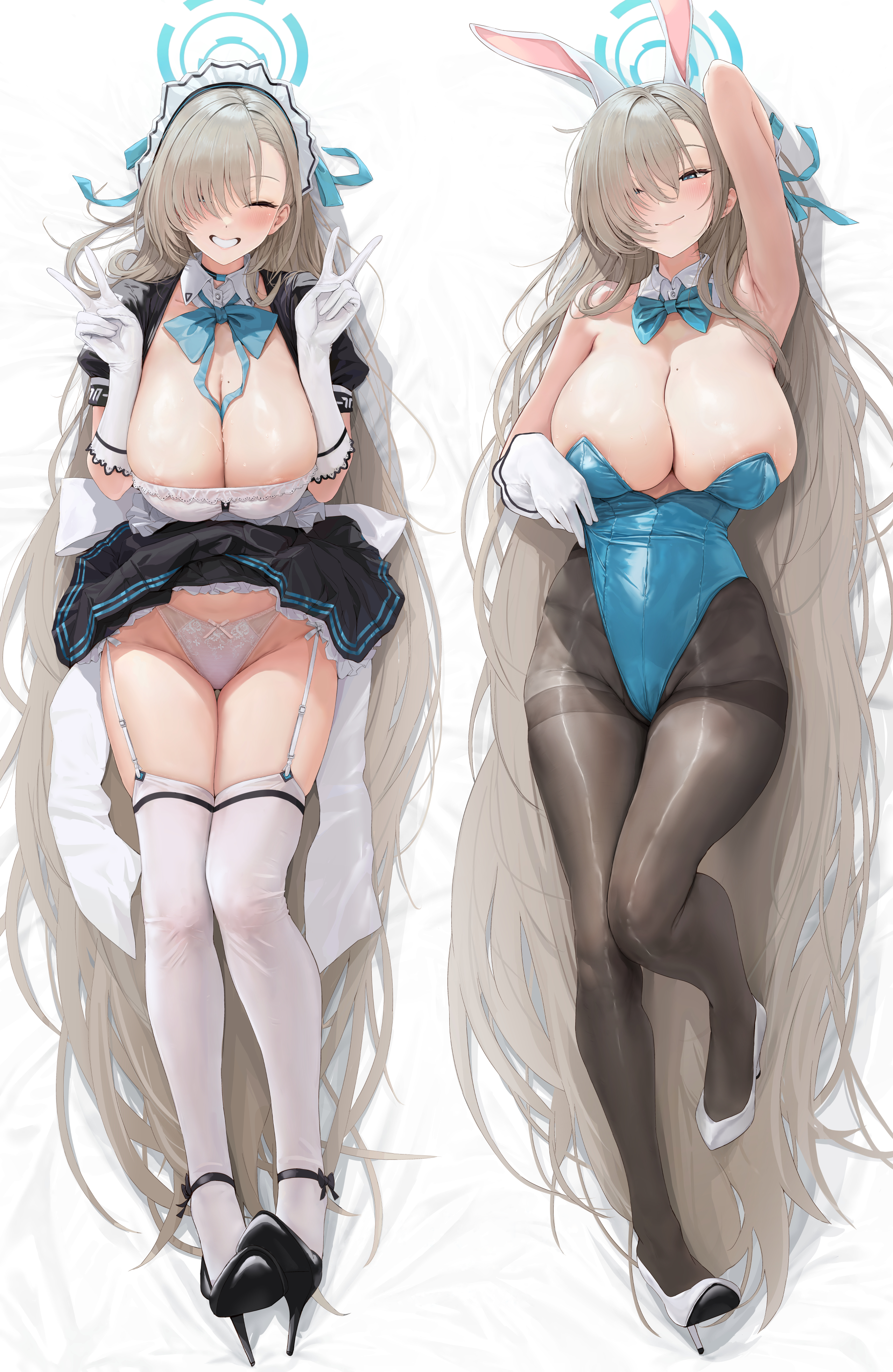akita hika, asuna (blue archive), asuna (bunny) (blue archive), blue archive, absurdres, detexted, highres, third-party edit, 1girl, absurdly long hair, animal ears, areola slip, asymmetrical bangs, bare shoulders, black shoes, blonde hair, blue bow, blue bowtie, blue eyes, blue halo, blue leotard, blue ribbon, blush, bow, bow panties, bowtie, breasts, brown pantyhose, cleavage, closed mouth, clothes lift, dakimakura (medium), detached collar, double v, elbow gloves, fake animal ears, full body, garter straps, gloves, hair over one eye, hair ribbon, hair spread out, halo, high heels, highleg, highleg leotard, lace, lace-trimmed panties, lace trim, large breasts, leotard, long hair, looking at viewer, maid, mole, mole on breast, multiple views, nipples, official alternate costume, panties, pantyhose, pantyshot, playboy bunny, rabbit ears, ribbon, see-through clothes, shoes, skirt, skirt lift, smile, thighband pantyhose, thighhighs, traditional bowtie, underwear, v, very long hair, white gloves