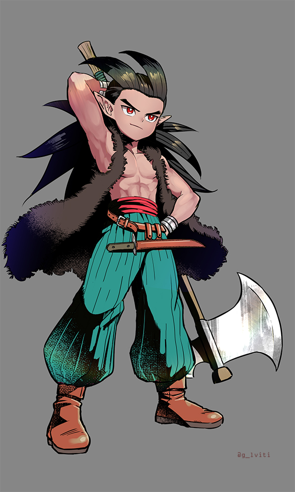 sidoh (dqb2), dragon quest, dragon quest builders 2, bad id, bad twitter id, commentary, 1boy, aki (dusk), armpits, axe, belt, black hair, boots, bracelet, brown boots, brown shoes, dark-skinned male, dark skin, fur vest, green pants, hand on own hip, holding, holding axe, jewelry, knife sheath, leather, leather boots, long hair, low ponytail, male focus, muscular, muscular male, open clothes, pants, pointy ears, ponytail, red eyes, sheath, shoes, simple background, vest