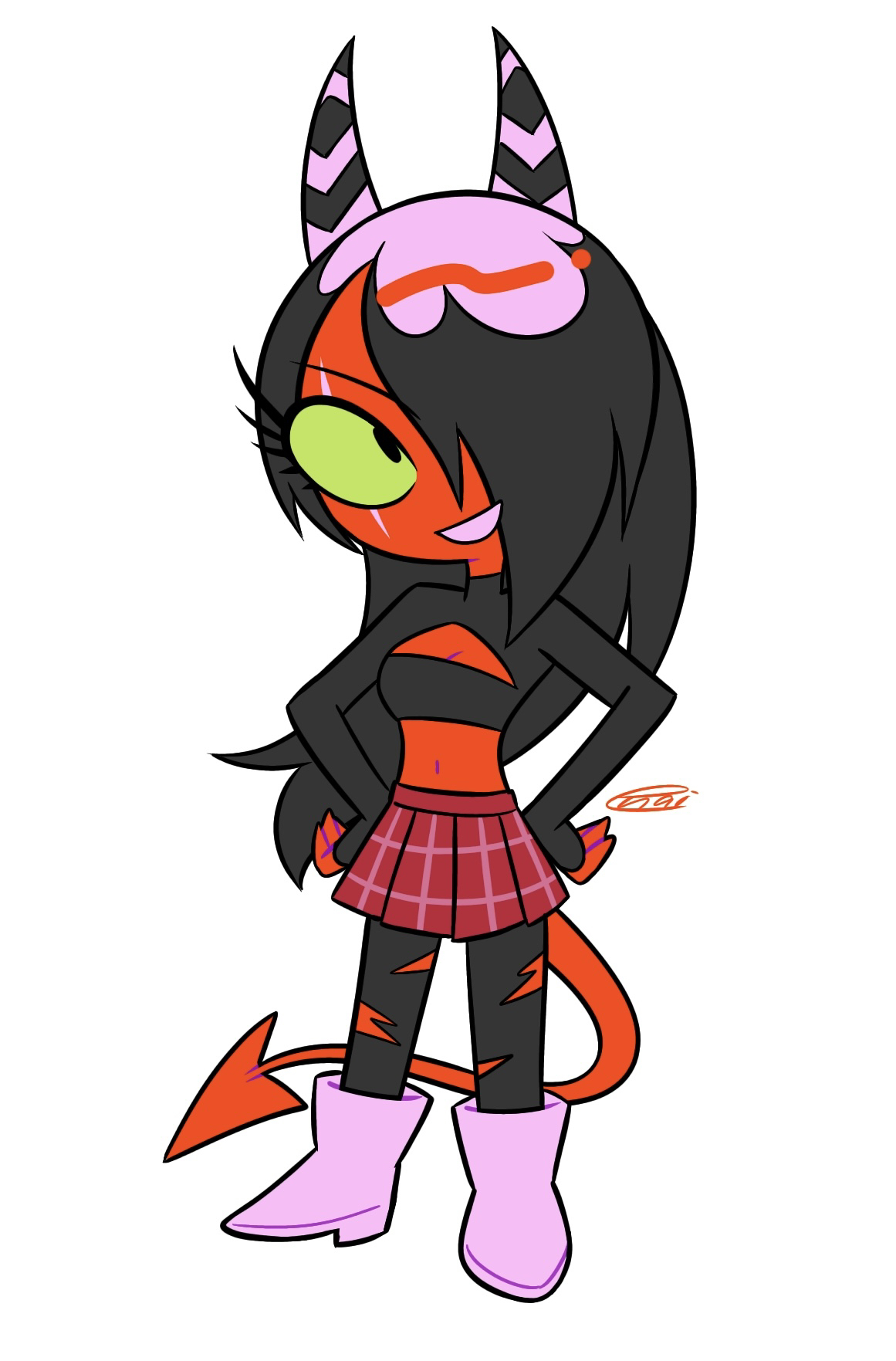 menma (enaic31), sallie may (helluva boss), hellaverse, helluva boss, commentary request, highres, 1girl, :d, ankle boots, black eyes, black hair, black horns, black pantyhose, black shirt, boots, breasts, chibi, chibi only, cleavage, cleavage cutout, clothing cutout, colored sclera, colored skin, crop top, cropped shirt, demon girl, demon horns, demon tail, fewer digits, full body, grin, hair down, hair over one eye, hands on own hips, horns, long hair, long sleeves, looking at viewer, miniskirt, multicolored hair, multicolored horns, official alternate costume, official alternate hairstyle, one eye covered, open mouth, pantyhose, plaid clothes, plaid skirt, pleated skirt, red skin, red skirt, red tail, roots (hair), scar, scar across eye, scar on face, shirt, signature, simple background, skirt, sleeves past wrists, smile, solo, standing, tail, torn clothes, torn pantyhose, two-tone hair, two-tone horns, white background, white boots, white hair, white horns, yellow sclera