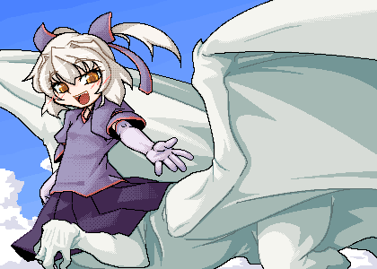 matsu (hamatsushi), oomori masaki, setanda (oomori masaki), original, lowres, 1girl, :d, centauroid, dragon, dragon girl, female focus, gloves, hair ribbon, monster girl, oekaki, open mouth, ribbon, smile, solo, taur, twintails, white hair, wings, yellow eyes