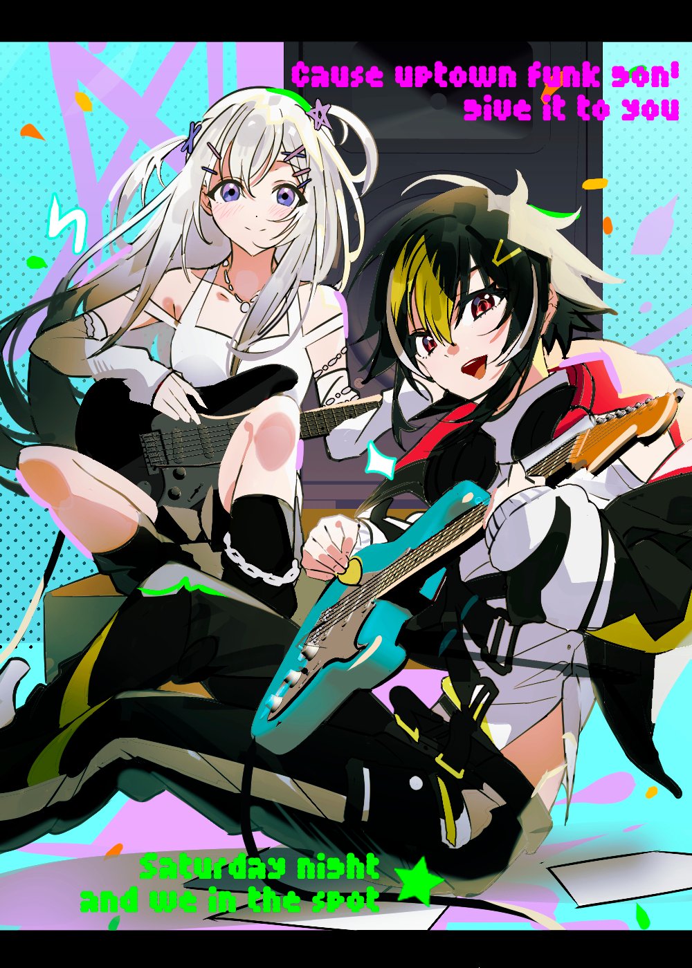 inami rai, nijisanji, highres, banana hunter, black hair, electric guitar, green hair, guitar, hair ornament, hairclip, holding, holding plectrum, instrument, multicolored hair, plectrum, purple eyes, red eyes, straight hair, two side up, white hair