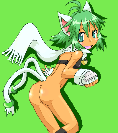 beryl (shinrabanshou), shinrabanshou, lowres, ahoge, animal ears, antenna hair, ass, bell, bottomless, cat ears, cat tail, dark-skinned female, dark skin, fingerless gloves, from behind, gloves, green background, green hair, jingle bell, looking back, multiple tails, oekaki, open mouth, scarf, simple background, smile, tail