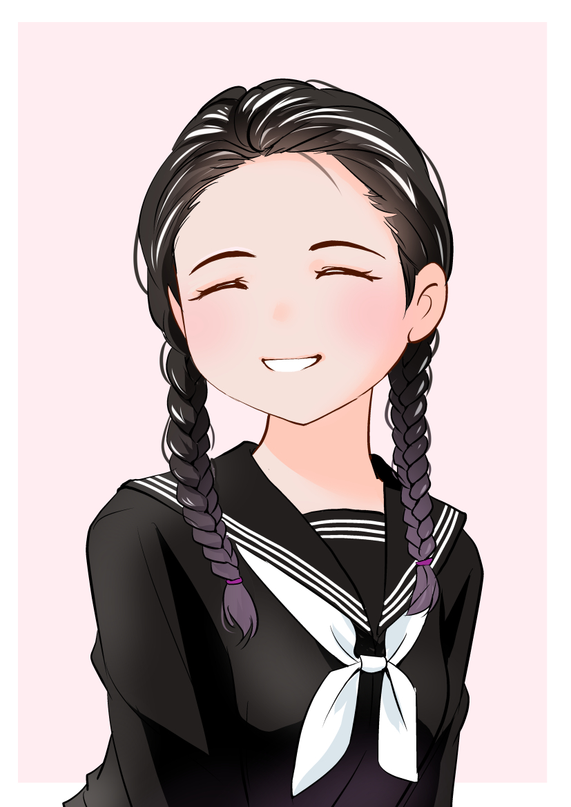 yamanaka kouji (yanchiki2001), original, 1girl, :d, black serafuku, braid, closed eyes, facing viewer, long hair, neckerchief, open mouth, pink background, sailor collar, school uniform, serafuku, simple background, smile, solo, twin braids, upper body, white background, white neckerchief