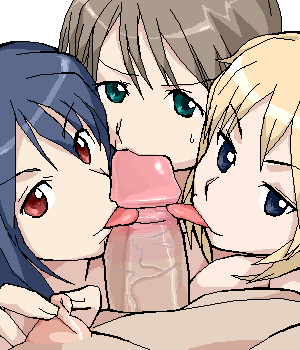 artist request, character request, lowres, 1boy, 3girls, cooperative fellatio, fellatio, multiple girls, nipple stimulation, nipple tweak, oekaki, oral, penis, pov, teamwork, teamwork (sexual), uncensored