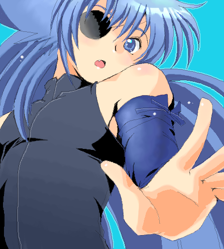 yagisaka seto, follower (yagisaka seto), original, lowres, 1boy, blue hair, eyepatch, fang, male focus, oekaki, solo