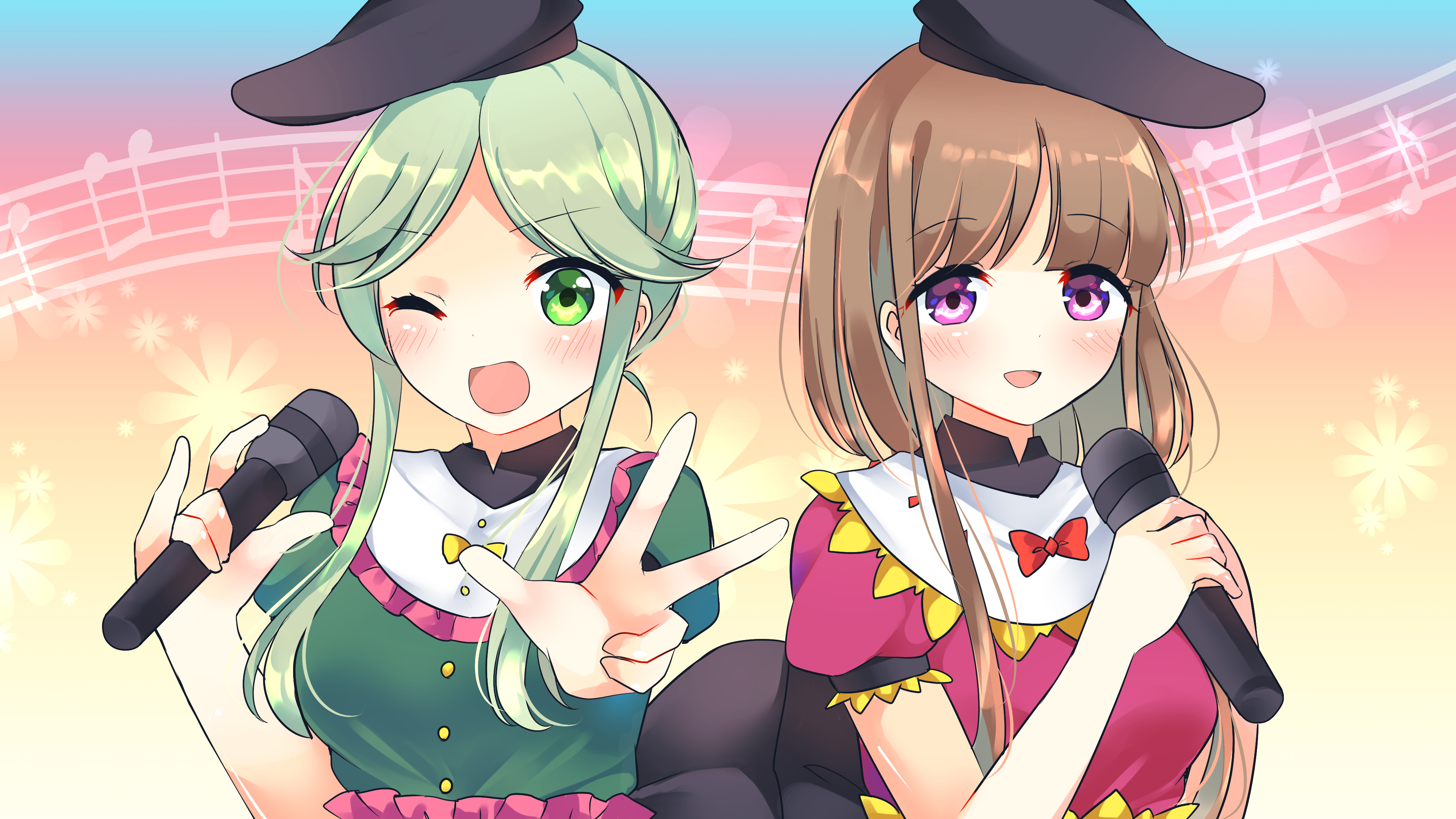 ougi hina, nishida satono, teireida mai, touhou, absurdres, commentary request, contest winner, highres, 2girls, :d, beamed eighth notes, black hat, blue background, blush, bow, breasts, brown hair, dress, eighth note, frilled shirt collar, frills, gradient background, green dress, green eyes, green hair, hand up, hat, holding, holding microphone, looking at viewer, microphone, multiple girls, musical note, musical staff, one eye closed, open mouth, pink background, puffy short sleeves, puffy sleeves, purple dress, purple eyes, short hair with long locks, short sleeves, sidelocks, small breasts, smile, upper body, w, yellow bow