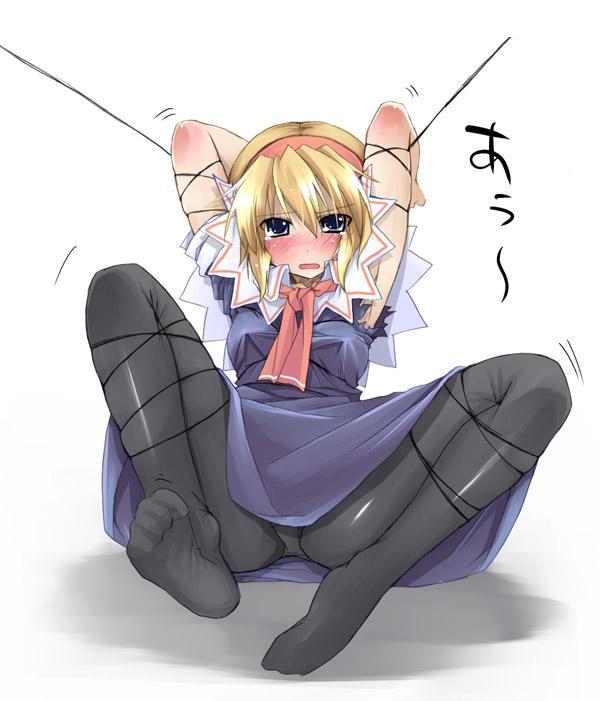 yuuki eishi, alice margatroid, touhou, jpeg artifacts, armpits, bdsm, blonde hair, blush, bondage, feet, pantyhose, spread legs