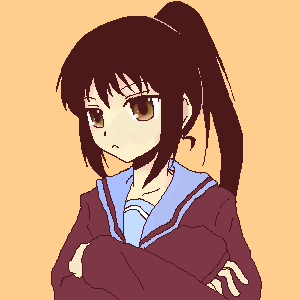 kyon, kyonko, suzumiya haruhi no yuuutsu, gender request, lowres, 00s, 1girl, black hair, female focus, genderswap, oekaki, ponytail, school uniform, simple background, solo
