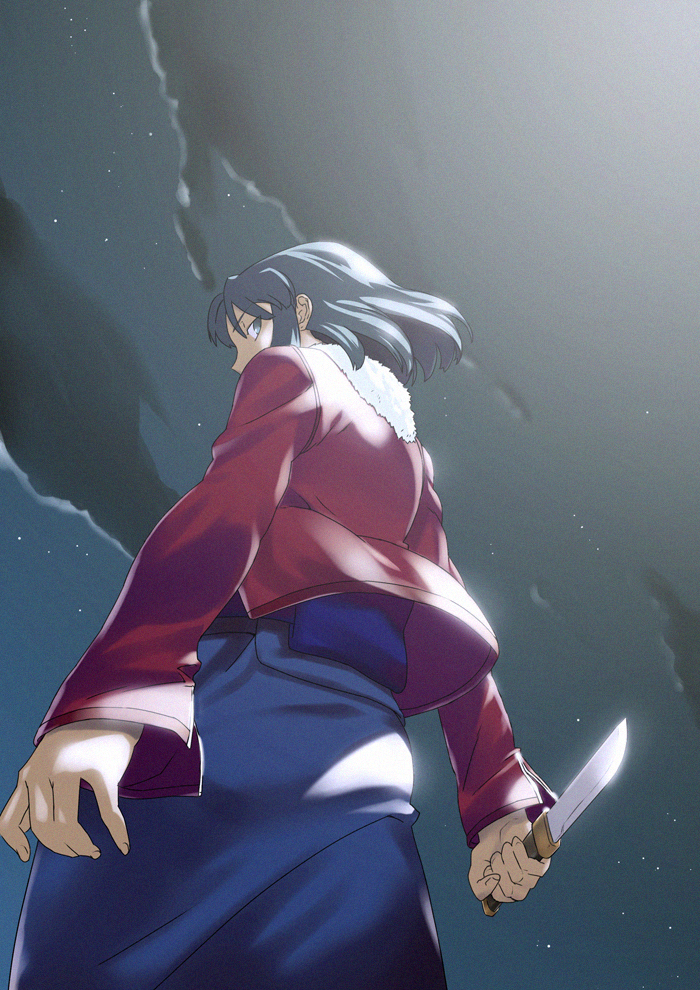 yangsion, ryougi shiki, kara no kyoukai, 1girl, brown eyes, brown hair, female focus, from behind, from below, jacket, japanese clothes, kimono, knife, night, night sky, obi, red jacket, reverse grip, sash, short hair, sky, solo, star (symbol), weapon