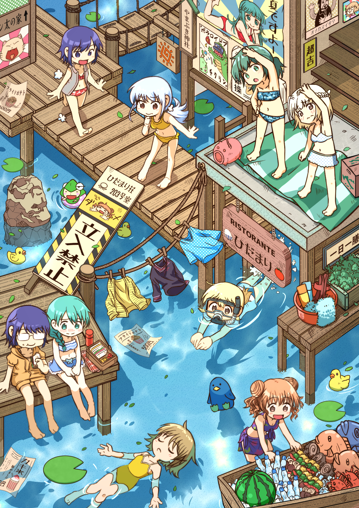 okai (pixiv6333), chika (hidamari sketch), hiro (hidamari sketch), matsuri (hidamari sketch), miyako (hidamari sketch), natsume (hidamari sketch), nazuna (hidamari sketch), nori (hidamari sketch), nyanta (hidamari), sae (hidamari sketch), yoshinoya (hidamari sketch), yuno (hidamari sketch), hidamari sketch, character request, check character, commission, highres, pixiv commission, translation request, 6+girls, antenna hair, arm up, barefoot, bikini, blonde hair, blue bikini, blue eyes, blue hair, blush, braid, breasts, brown eyes, closed eyes, closed mouth, clothesline, collarbone, double bun, eating, food, glasses, green eyes, green hair, hair bun, holding, holding food, holding sandwich, hood, hooded jacket, innertube, isometric, jacket, lily pad, long hair, looking at another, low ponytail, multiple girls, navel, one-piece swimsuit, open mouth, orange jacket, outdoors, polka dot, polka dot bikini, ponytail, rectangular eyewear, red bikini, rubber duck, sandwich, short-sleeved jacket, short hair, short sleeves, sitting, small breasts, smile, snorkel in mouth, snorkel mask, stairs, standing, stretching, swim ring, swimsuit, towel, white bikini, white hair, yellow bikini, yellow one-piece swimsuit