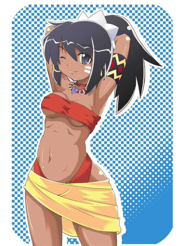 shilleka, atlus, etrian odyssey, 1girl, armlet, armpits, arms behind head, arms up, bandeau, bandeau bikini, bikini, black hair, blush, breasts, choker, dark-skinned female, dark skin, earrings, facial mark, female focus, highleg, highleg bikini, hoop earrings, jewelry, necklace, one eye closed, ponytail, sarong, smile, solo, strapless, swimsuit, tube top, underboob, wink
