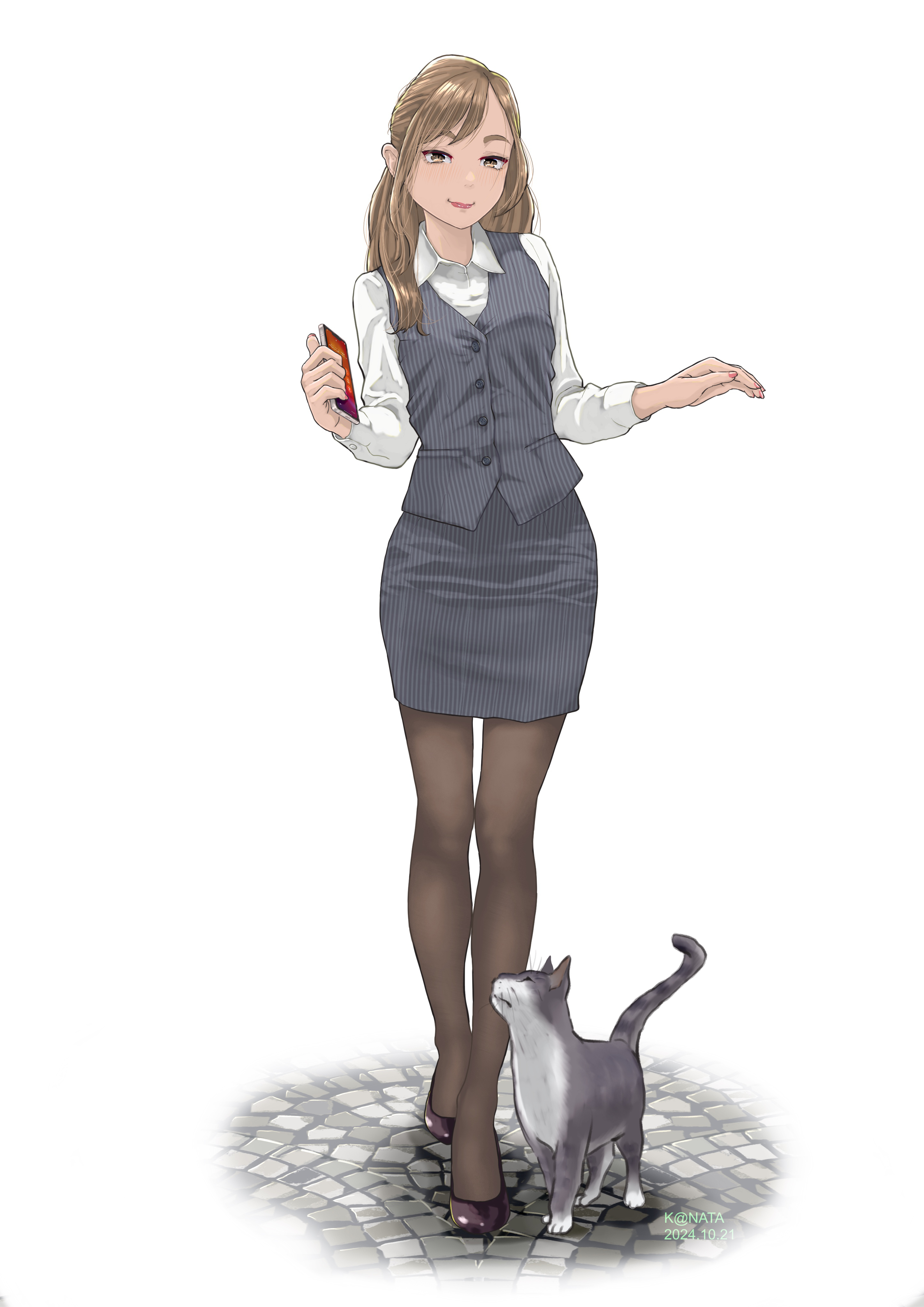 y.kami nao/take, original, absurdres, commission, highres, pixiv commission, 1girl, black pantyhose, black shoes, blush, brown eyes, brown hair, brown pantyhose, cat, dated, full body, grey vest, holding, holding phone, lipstick, makeup, office lady, pantyhose, pencil skirt, phone, shirt, shoes, skirt, smile, vest, white shirt