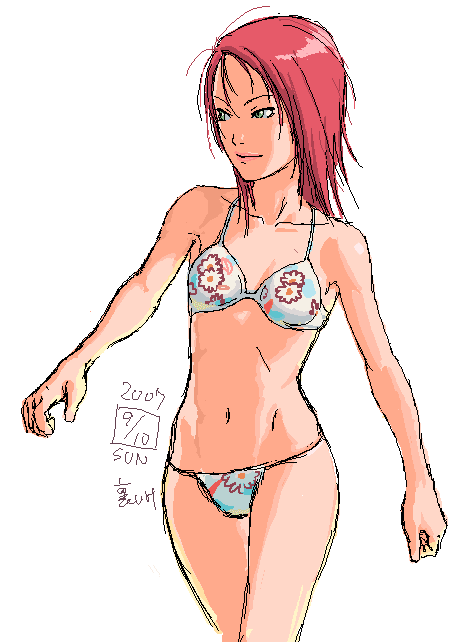 ikeda (cpt), juliet nao zhang, yuuki nao, my-hime, my-otome, 00s, 1girl, bikini, blush, closed mouth, cowboy shot, female focus, green bikini, lips, navel, red hair, short hair, simple background, smile, solo, stomach, swimsuit, walking, white background