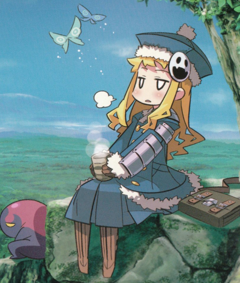 gunner (sekaiju), gunner 2 (sekaiju), jack frost (megami tensei), atlus, etrian odyssey, 1girl, animal, bag, blue dress, buckle, bug, butterfly, cup, day, dress, drink, female focus, full body, handbag, hat, holding, insect, jitome, long sleeves, moss, outdoors, rock, school bag, sitting, solo, steam, tea, teacup