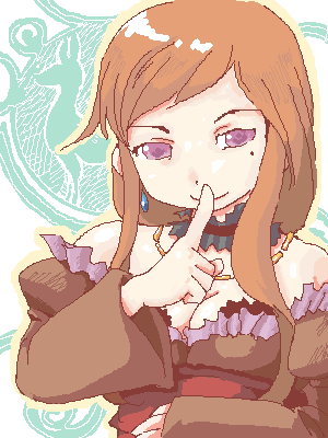 sakuya (sekaiju), atlus, etrian odyssey, lowres, 1girl, breasts, cleavage, female focus, medium breasts, oekaki, solo