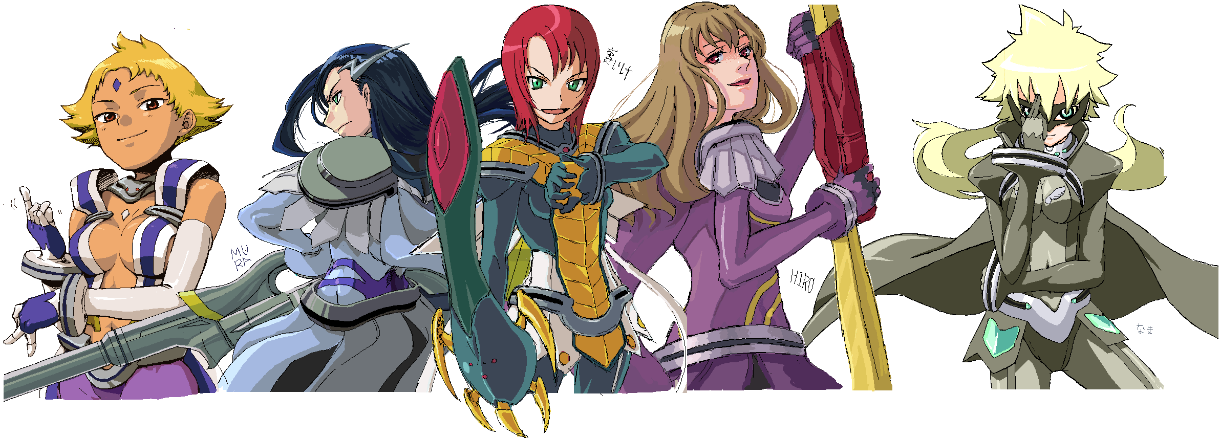 ikeda (cpt), juliet nao zhang, maya bryce, natsuki kruger, sara gallagher, shizuru viola, my-otome, artist collaboration, highres, long image, wide image, >:d, >:|, 00s, 5girls, :d, :|, aqua eyes, arabian clothes, armor, bare shoulders, blonde hair, blue bodysuit, blue hair, blush, bodysuit, bracer, breasts, breasts apart, brown hair, cape, center opening, claw (weapon), cleavage, clenched hand, closed mouth, covered navel, cowboy shot, dark-skinned female, dark skin, domino mask, elbow gloves, facial mark, faulds, flipped hair, floating hair, forehead mark, from side, gloves, gorget, green eyes, gun, hair between eyes, hair ornament, hand on own hip, hand up, harem pants, holding, holding gun, holding sword, holding weapon, huge weapon, impossible bodysuit, impossible clothes, index finger raised, legs apart, light smile, lineup, long hair, looking at viewer, looking back, looking to the side, mask, medium breasts, motion lines, multiple girls, navel, oekaki, open mouth, pants, pauldrons, pink eyes, profile, puffy sleeves, purple bodysuit, red eyes, red hair, see-through clothes, serious, short hair, shoulder armor, sideboob, simple background, sketch, skin tight, small breasts, smile, spiked hair, standing, sword, v-shaped eyebrows, weapon, white background