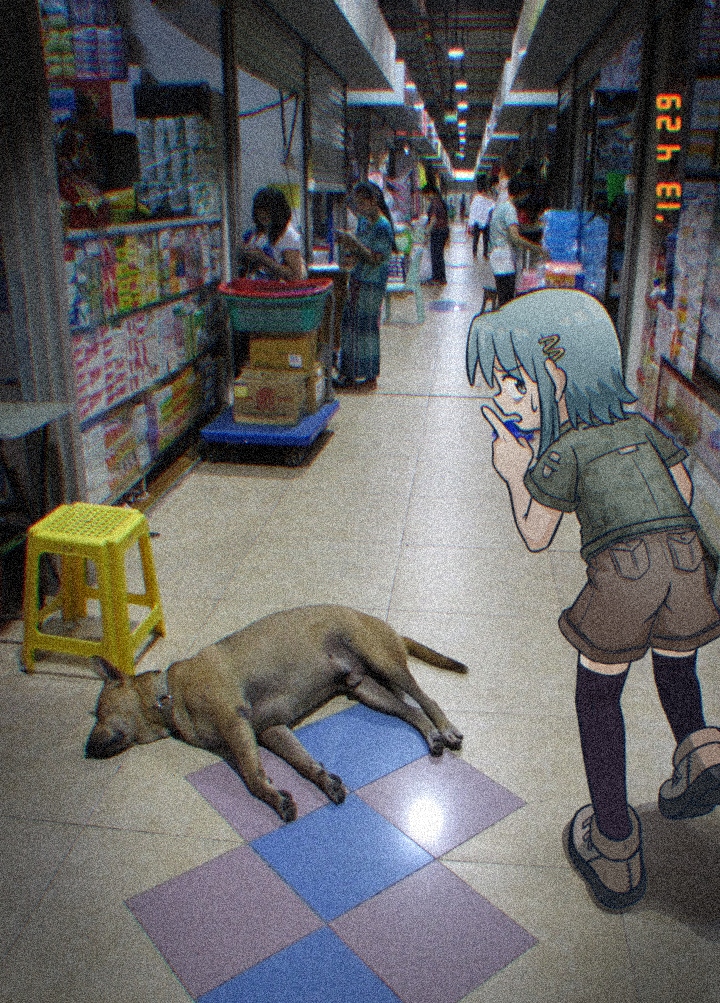okai (pixiv6333), miki sayaka, mahou shoujo madoka magica, mahou shoujo madoka magica (anime), 1girl, 6+others, black thighhighs, blue eyes, blue hair, boots, brown boots, brown shorts, dog, finger to mouth, hair ornament, hairclip, index finger raised, indoors, looking at viewer, multiple others, open mouth, photo background, short hair, shorts, shushing, stool, sweatdrop, thighhighs